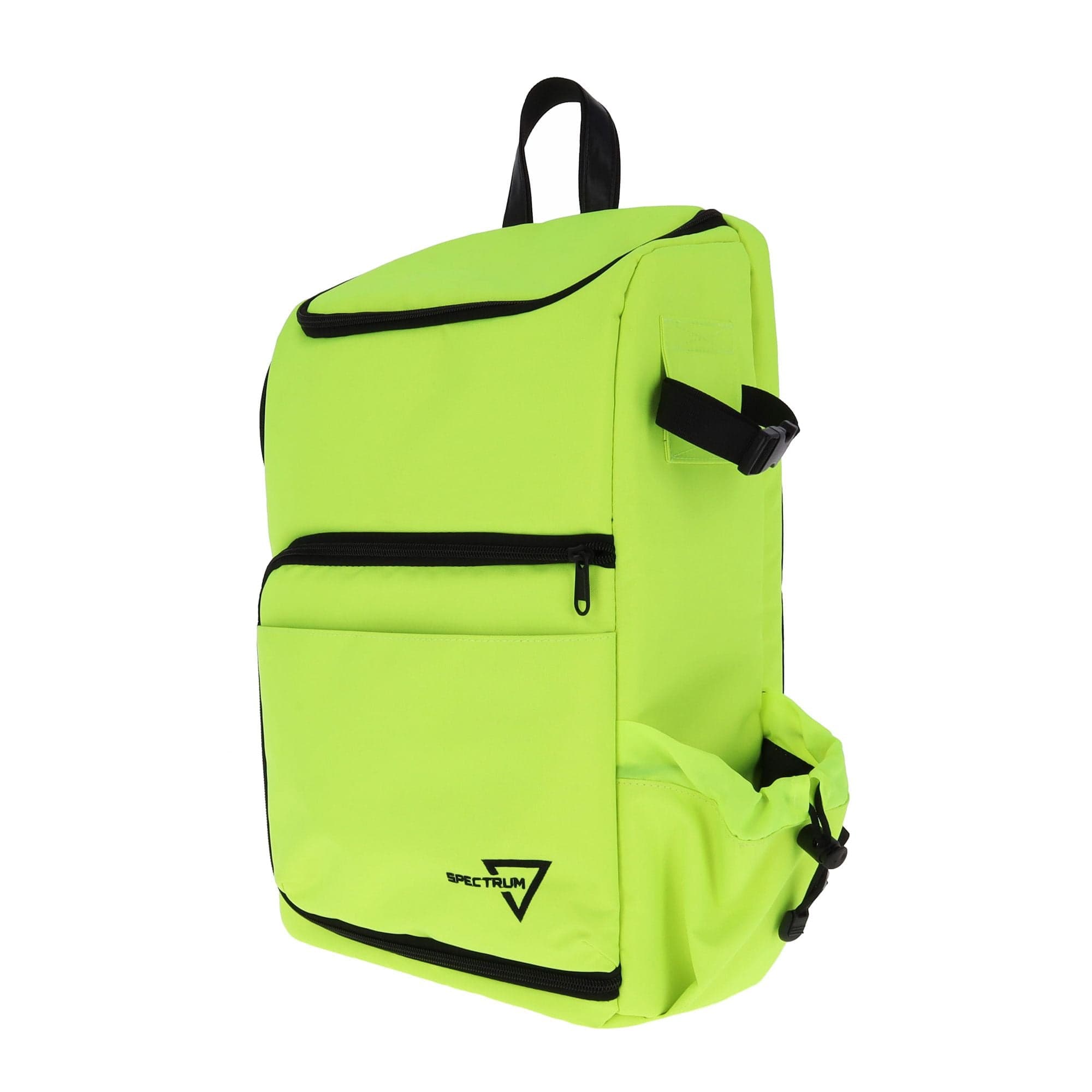 Green Spectrum TCG Backpack, featuring a zippered main compartment and top compartment, a front pocket, a side playmat holder with a drawstring closure, and the Spectrum logo in black at the bottom corner