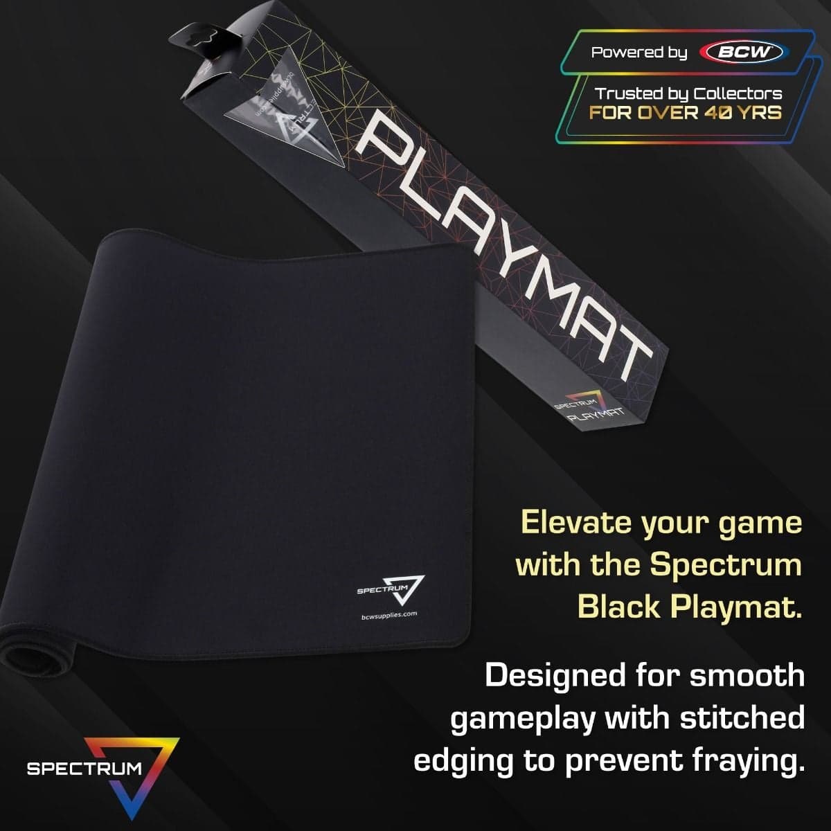 Infographic: Elevate your game with the Spectrum Black Playmat. Designed for smooth gameplay with stitched edging to prevent fraying.