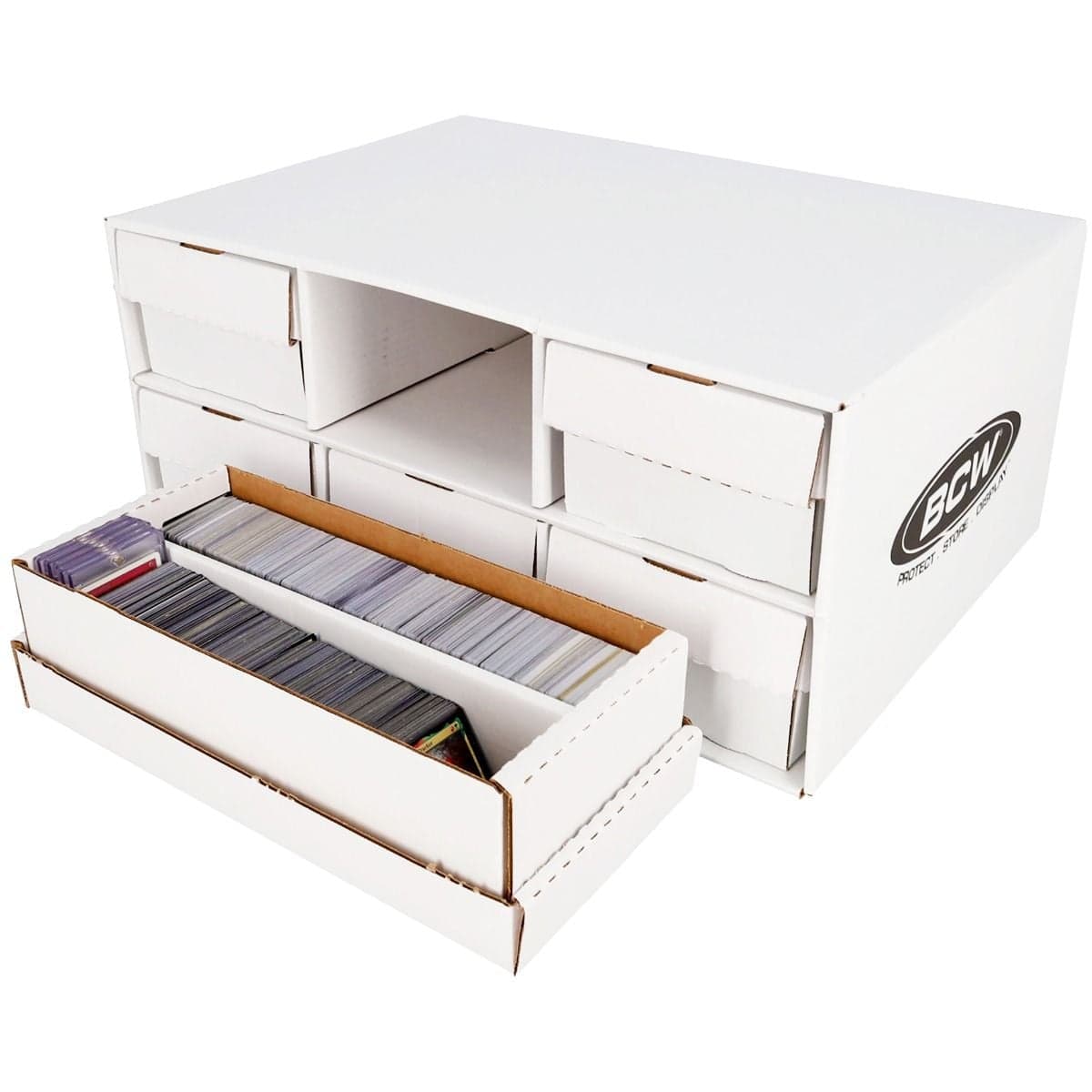BCW shoe box house holding 5 2-row shoe card storage boxes. Shoe box open in front of show house.