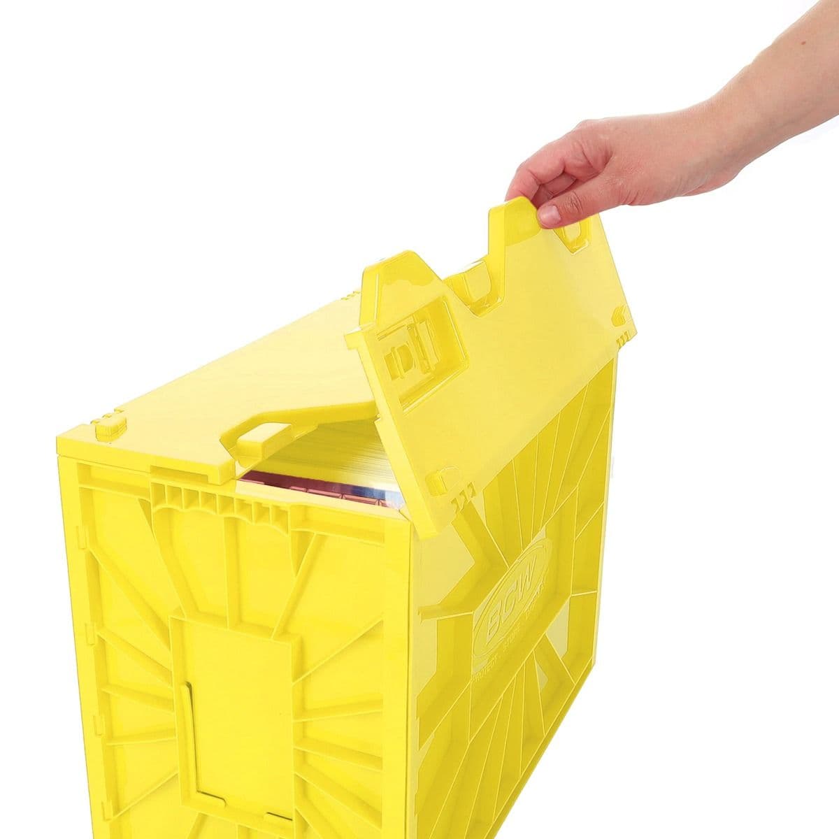 BCW yellow comic book short bin. Opening lid