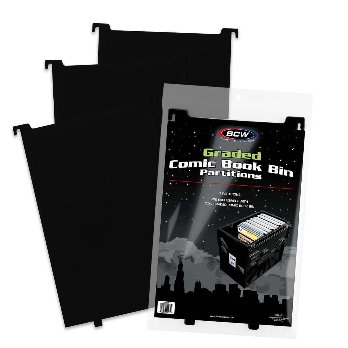 BCW Graded Comic Book Bin Partitions - Black, packaging with 3 partitions fanned out behind, 3 per pack