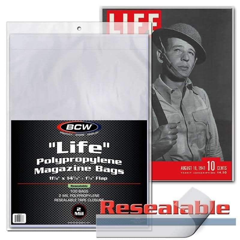 Package of BCW Resealable Life Magazine Bags in front of magazine in Resealable Life Magazine Bags