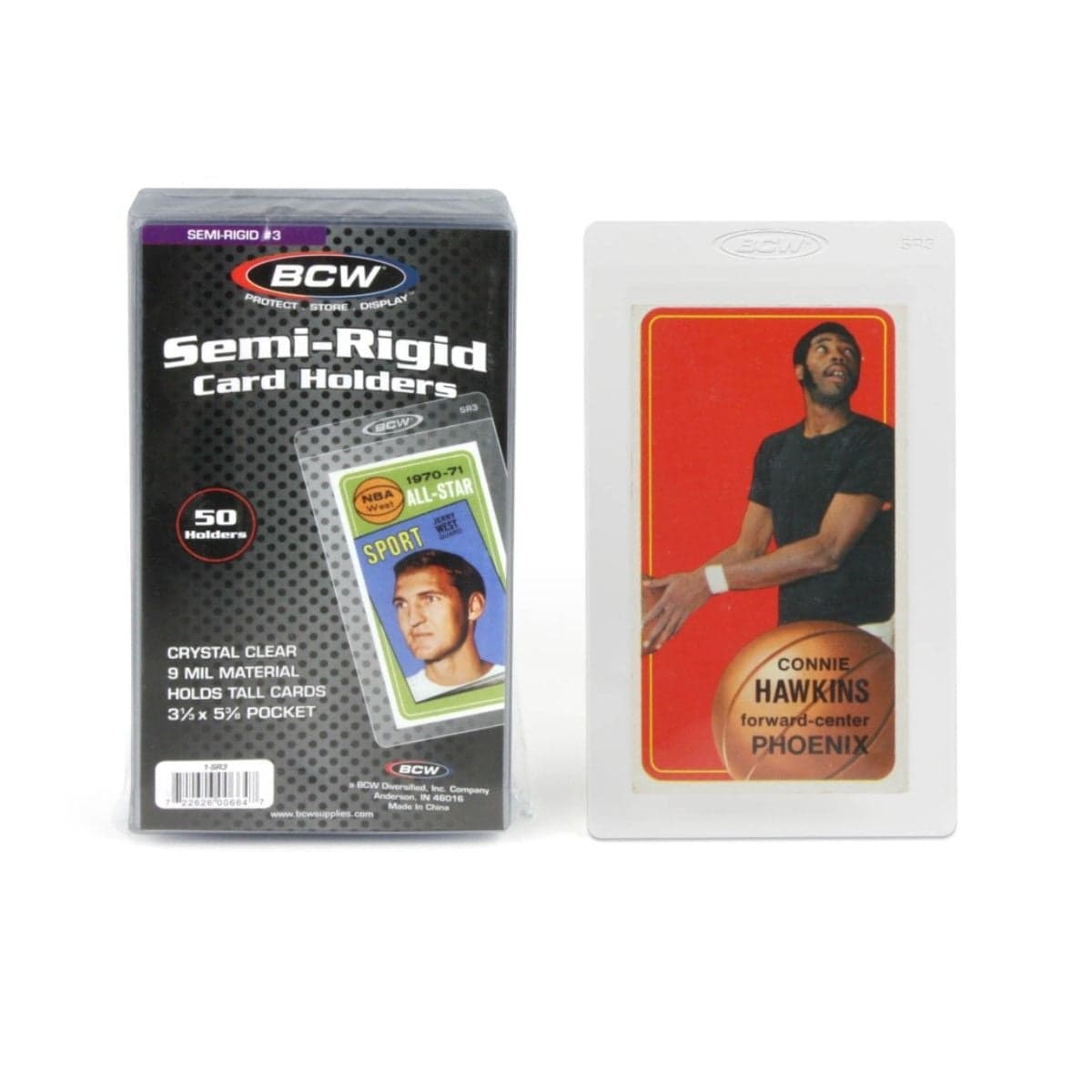 Pack of BCW semi-rigid card holders with card in holder