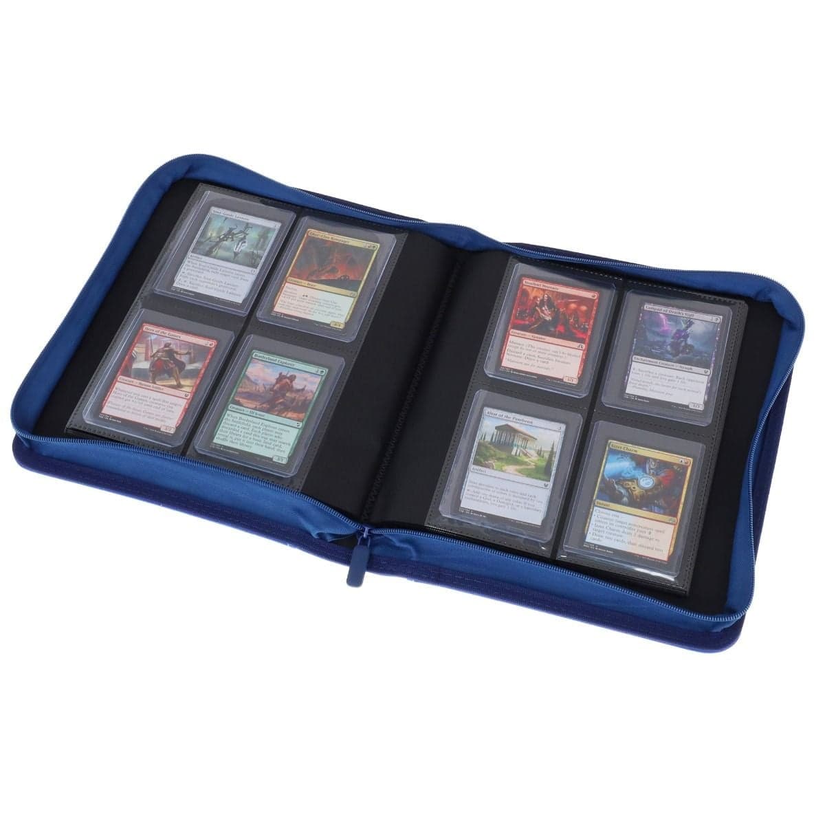 BCW Z-Folio 4-Pocket LX Album - Toploaders - Blue opened, angled, full of magic cards in toploaders