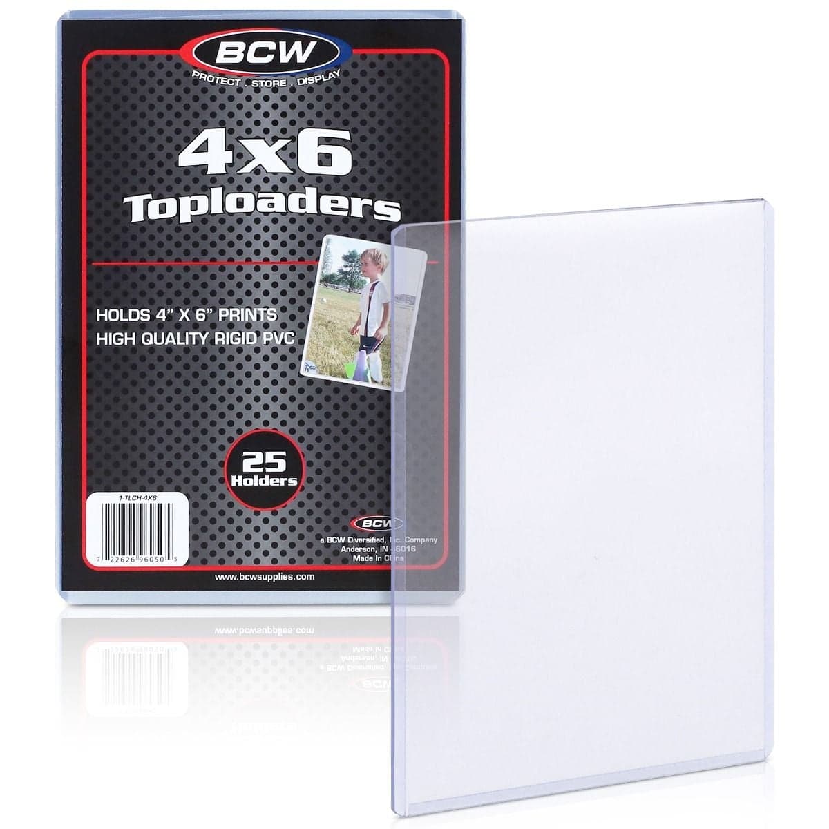BCW 4x6 Toploaders retail package displayed beside a clear rigid PVC photo holder designed to protect and showcase 4x6 prints and photos.