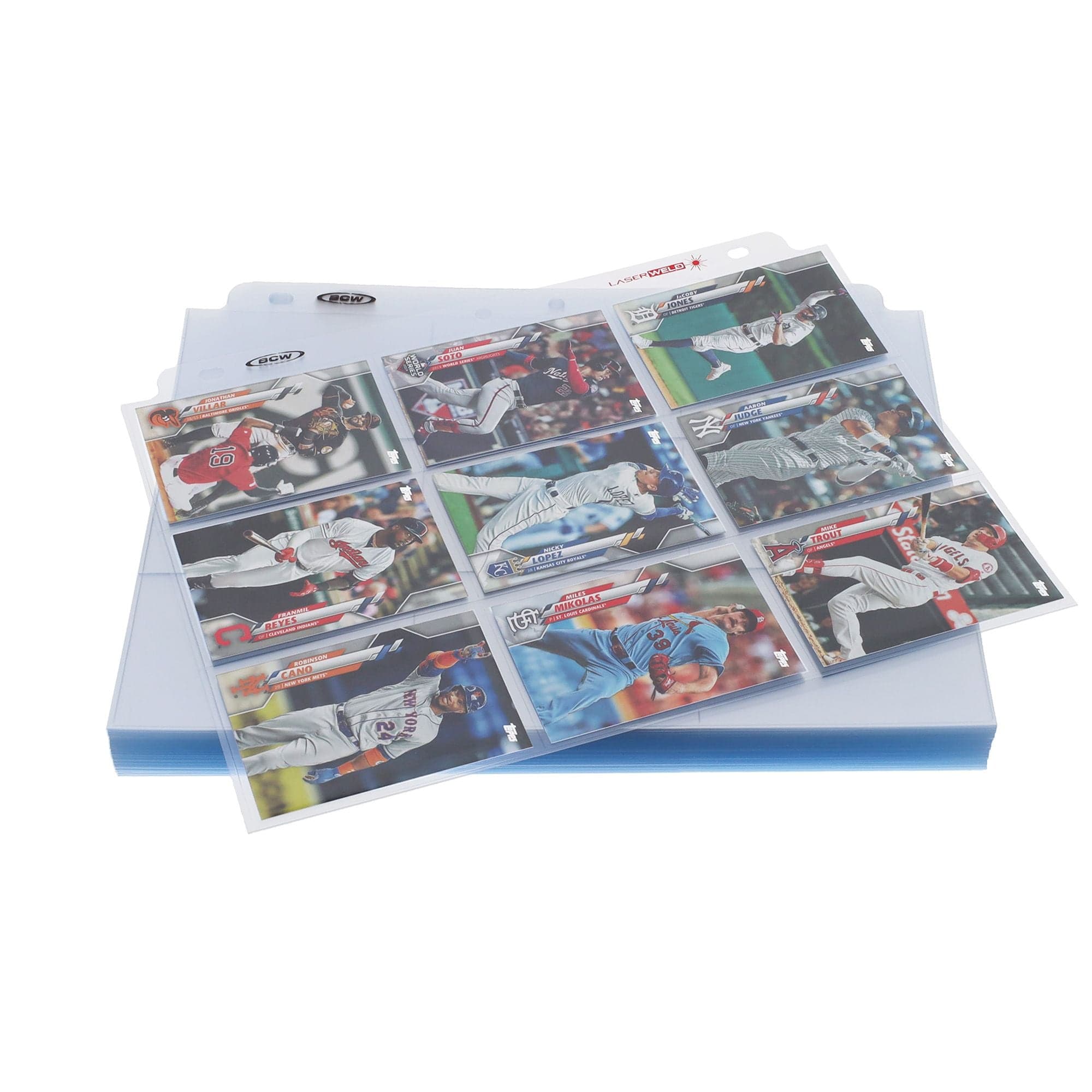 LaserWeld Pages - 9 Pocket - Side Load stack with top page full of baseball cards