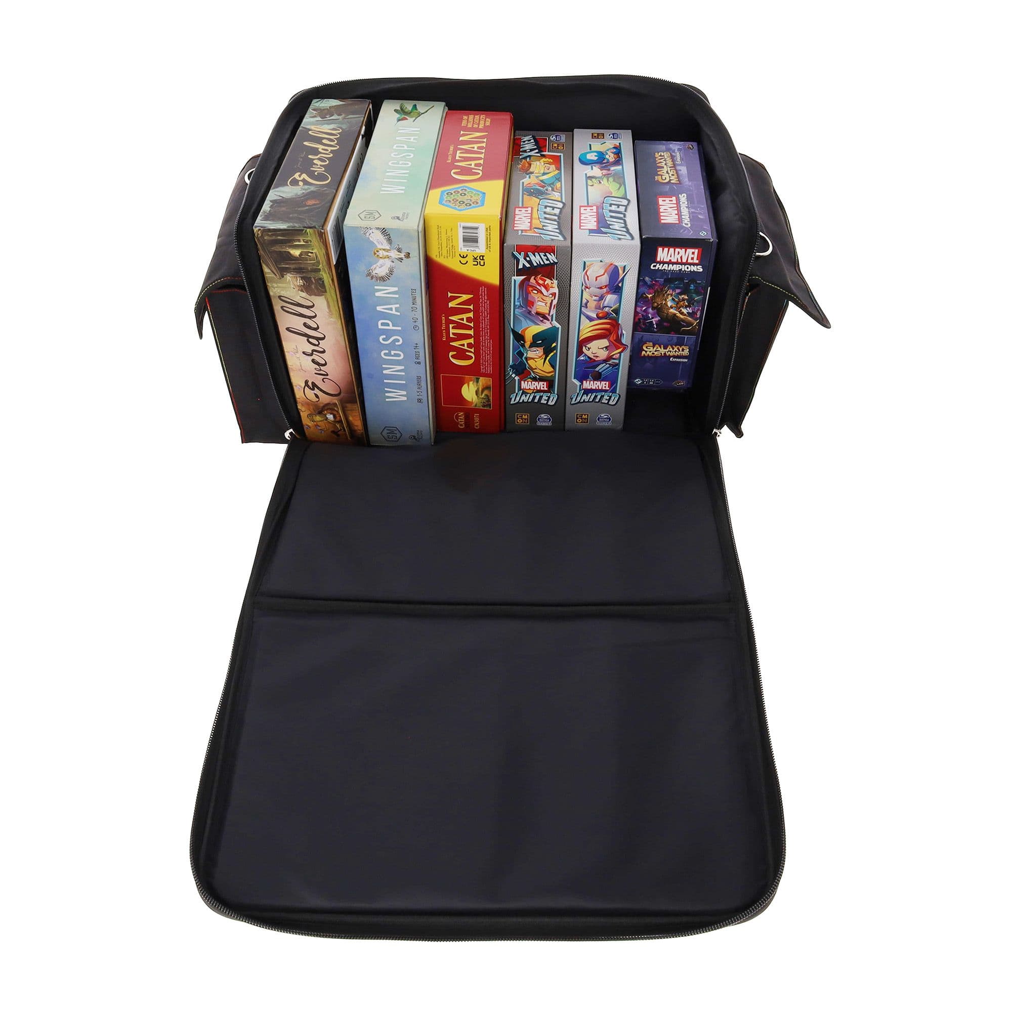 the BCW Board Game Bag in black, with the top fully unzipped and laid open, displaying its capacity to hold multiple board games. Inside the bag are several games neatly organized.