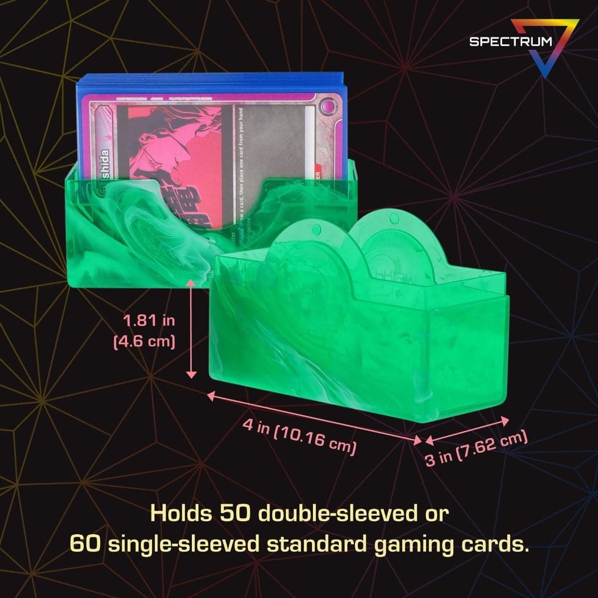 Spectrum Prism Deck Case - 50 CT - Jade Green infographic, Holds 50 double-sleeved or 60 single-sleeved standard sized gaming cards.