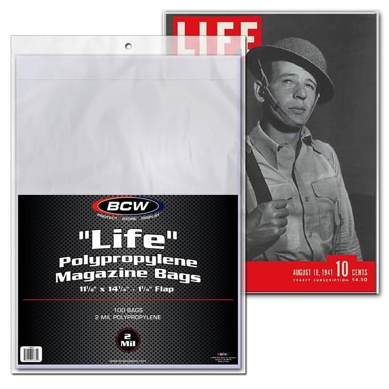 Package of BCW Life Magazine Bags in front of a Life magazine in bag