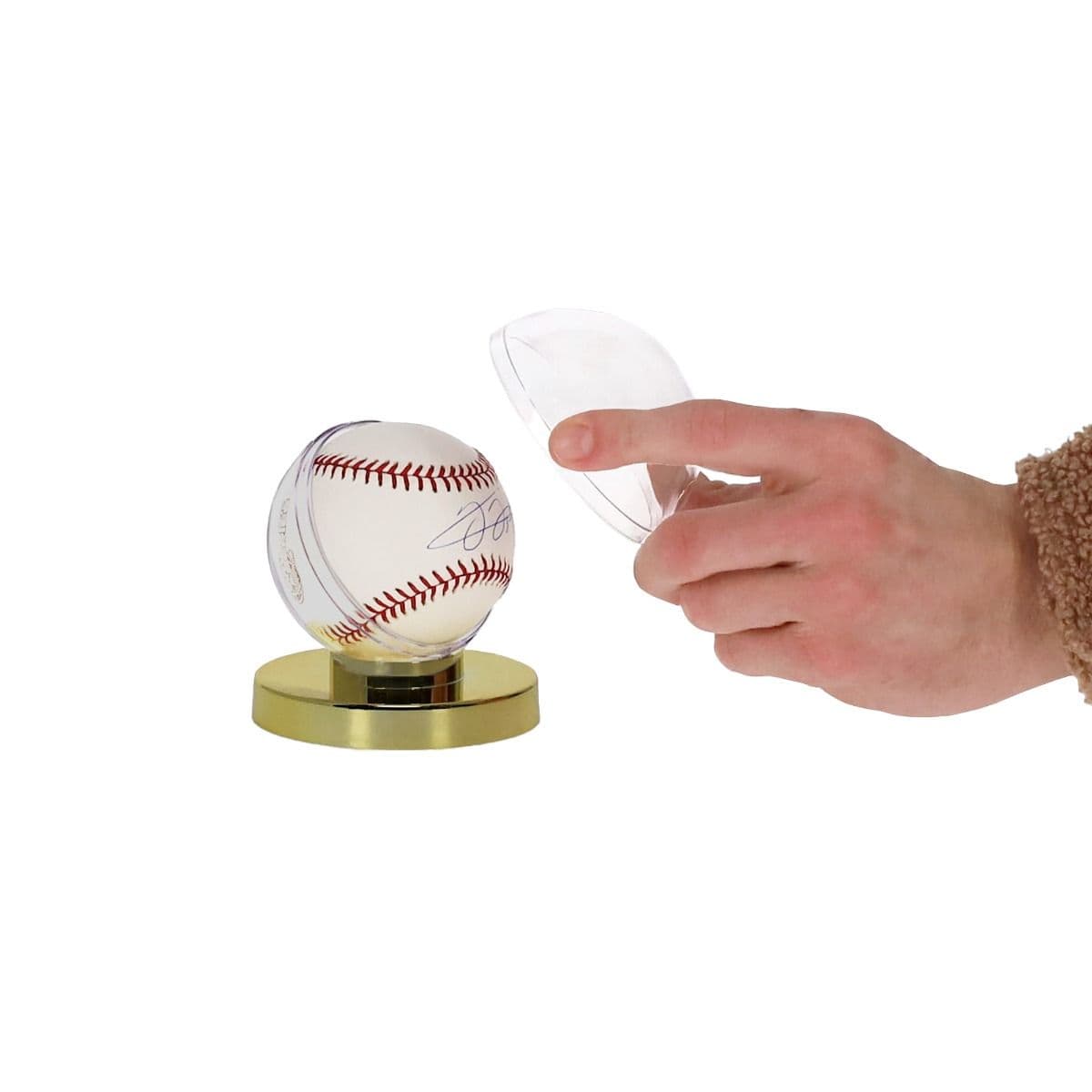 BCW Gold Base Baseball Holder with baseball inside removing top