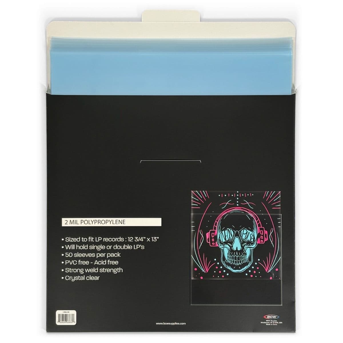 12-Inch Record Sleeves - Polypropylene - 50 Pack back of packaging with sleeves fanning out