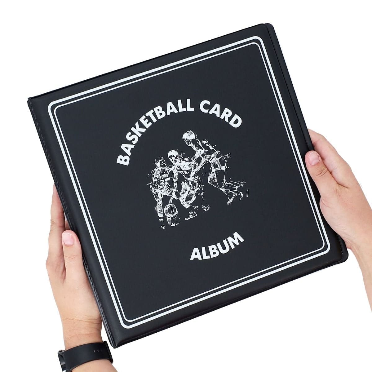 BCW 3 in. Album - Basketball - Black, angled front image, hands holding album
