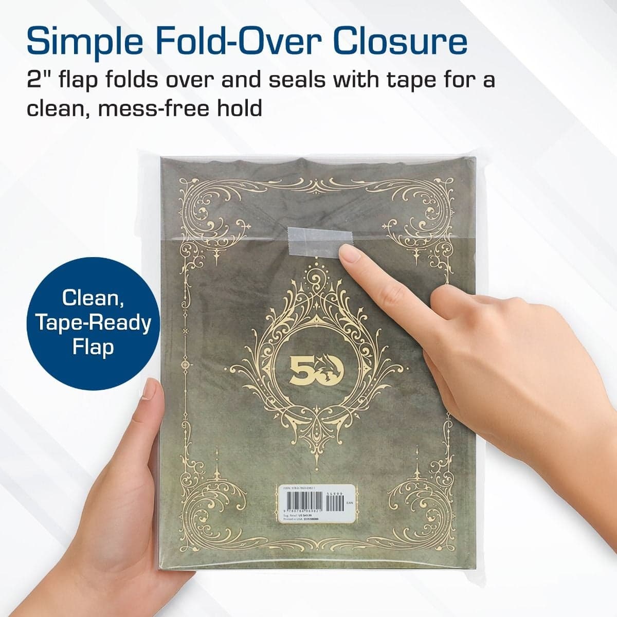 Infographics: Simple Fold-Over Closure. 2" flap folds over and can be sealed with tape for a clean mess-free hold.