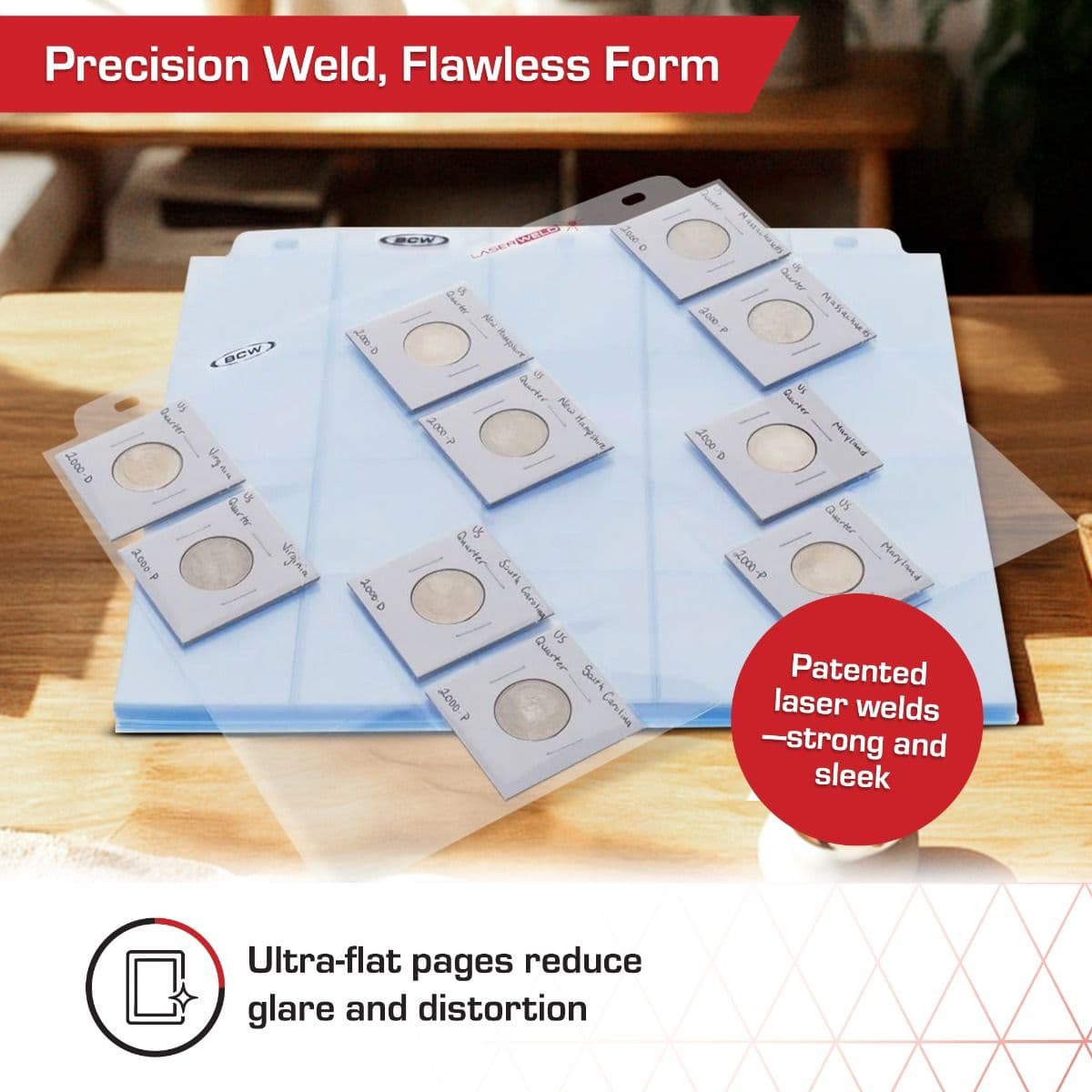 Infographic: BCW LaserWeld coin pages with patented laser-welded seams and ultra-flat construction, displaying coin flips across clear storage pages designed to reduce glare and distortion while providing strong, sleek long-term protection.