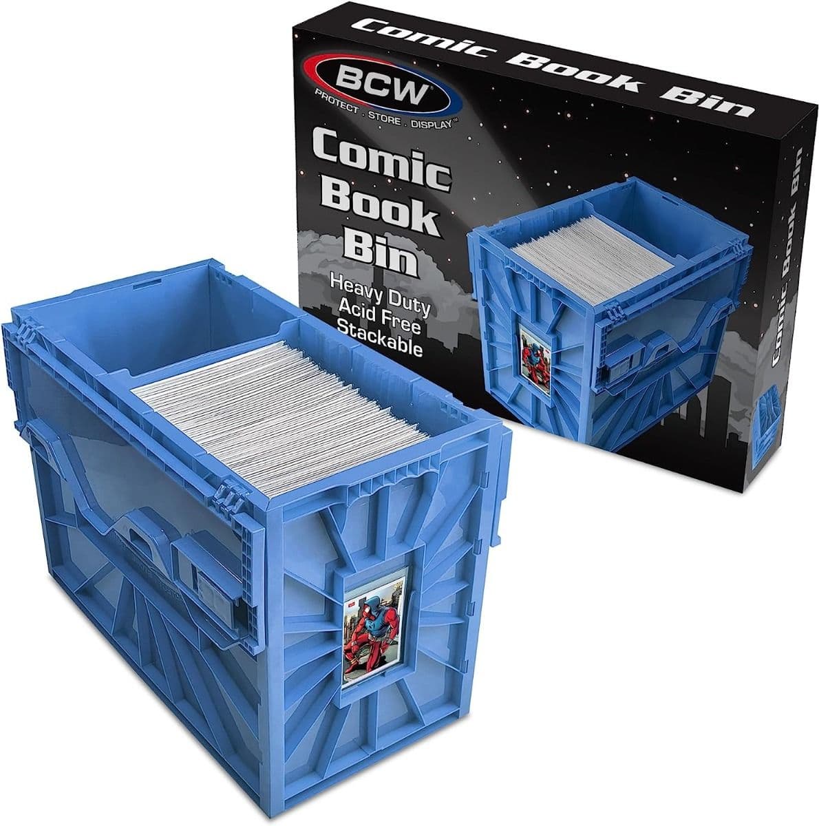 BCW Blue comic book short bin. group packaging