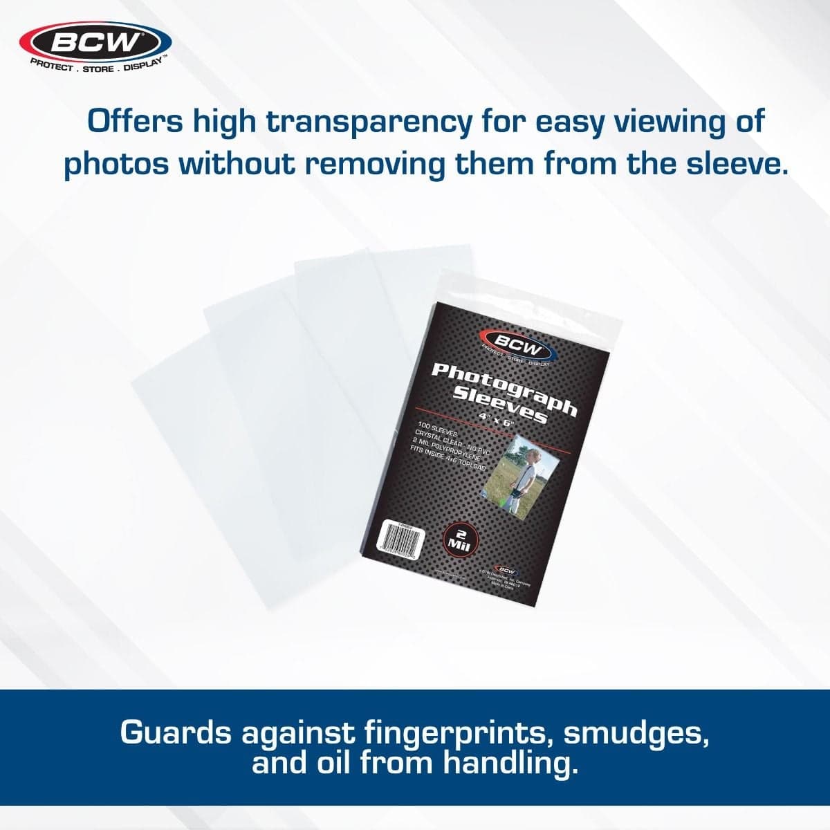 BCW Photograph Sleeves 4" x 6" 100 sleeves Promotional Infographic 1 "Offers high transparency for easy viewing"