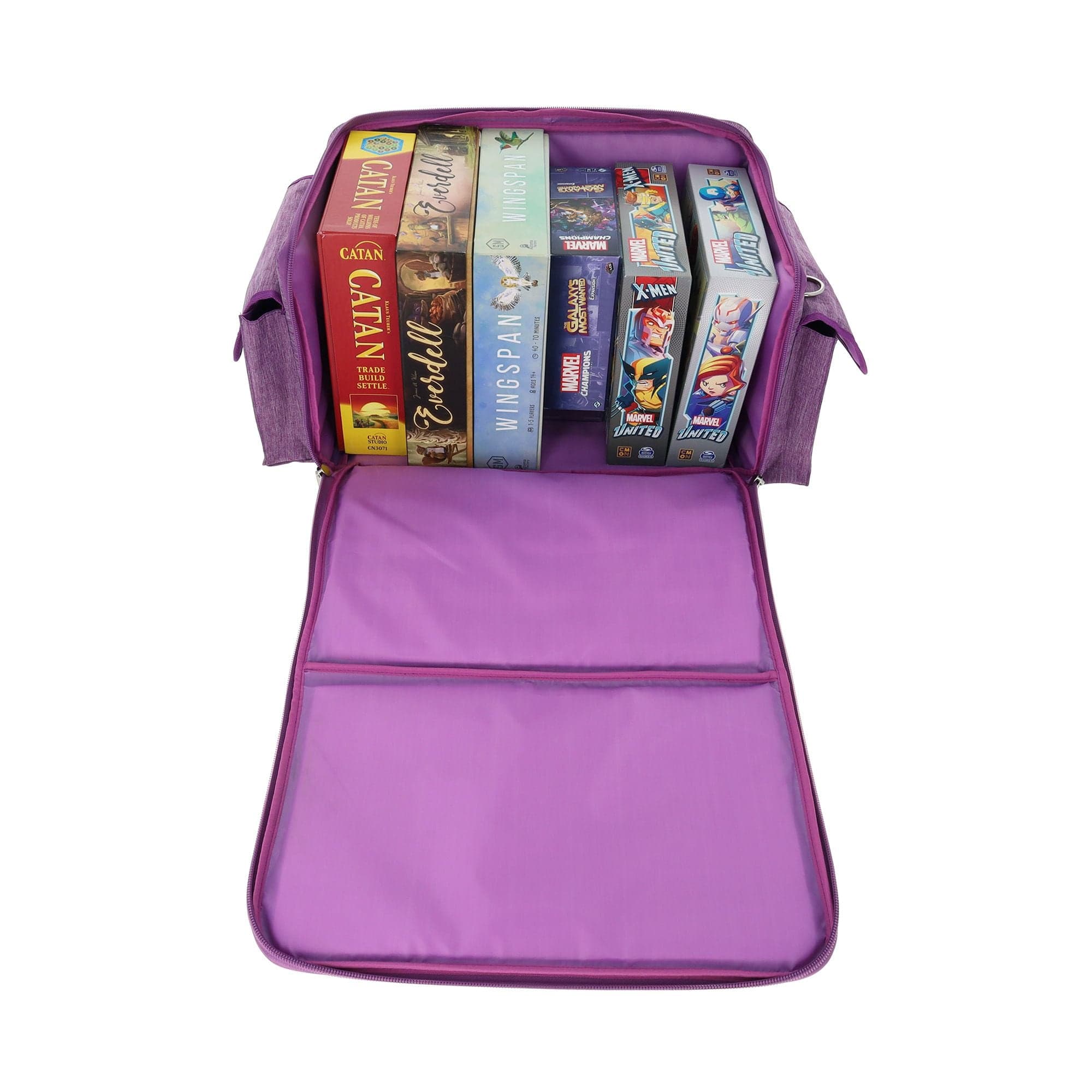 the BCW Board Game Bag in purple, with the top fully unzipped and laid open, displaying its capacity to hold multiple board games. Inside the bag are several games neatly organized.