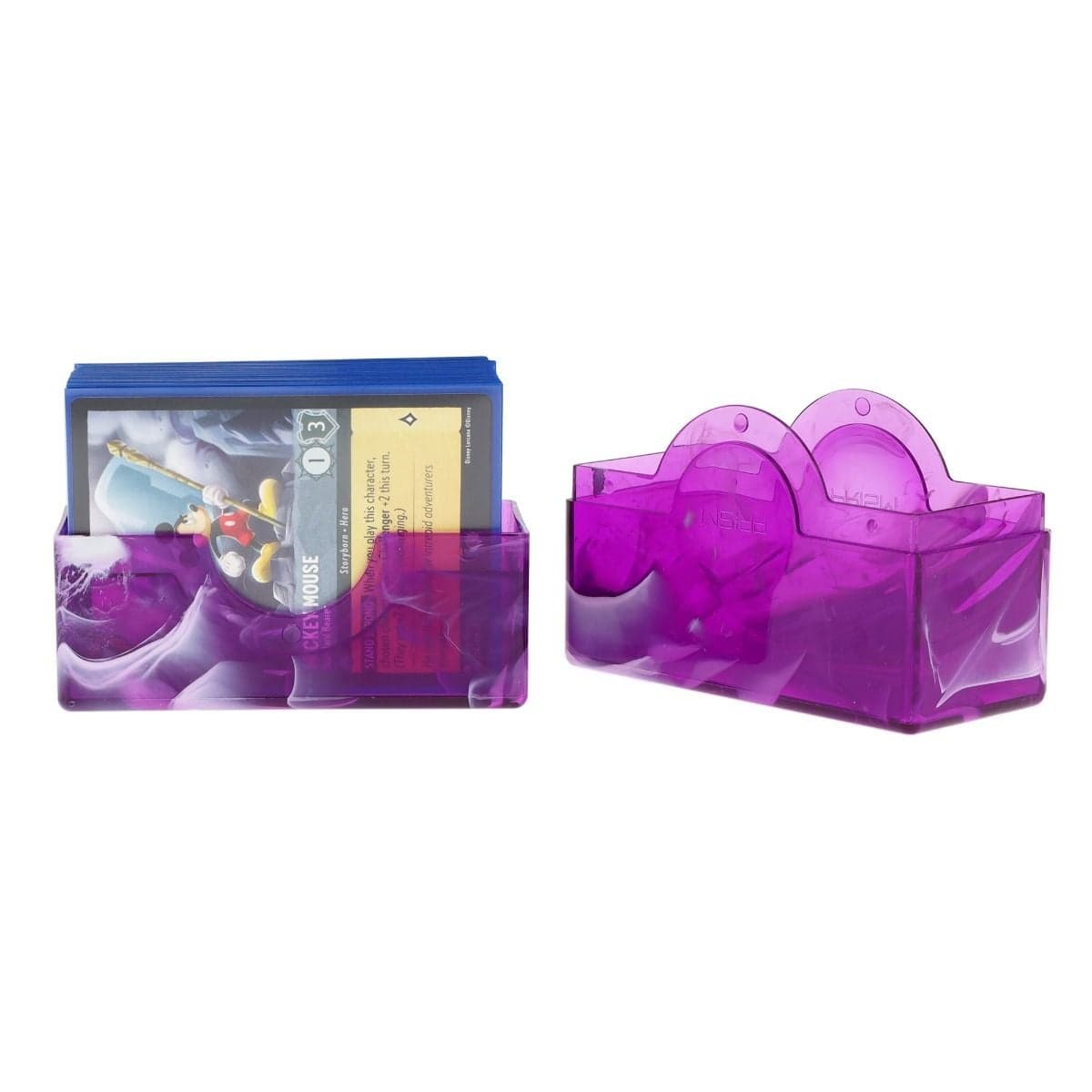 Prism Deck Case - 50 CT - Charoite Purple, angled and opened showcasing a Lorcana deck being stored.