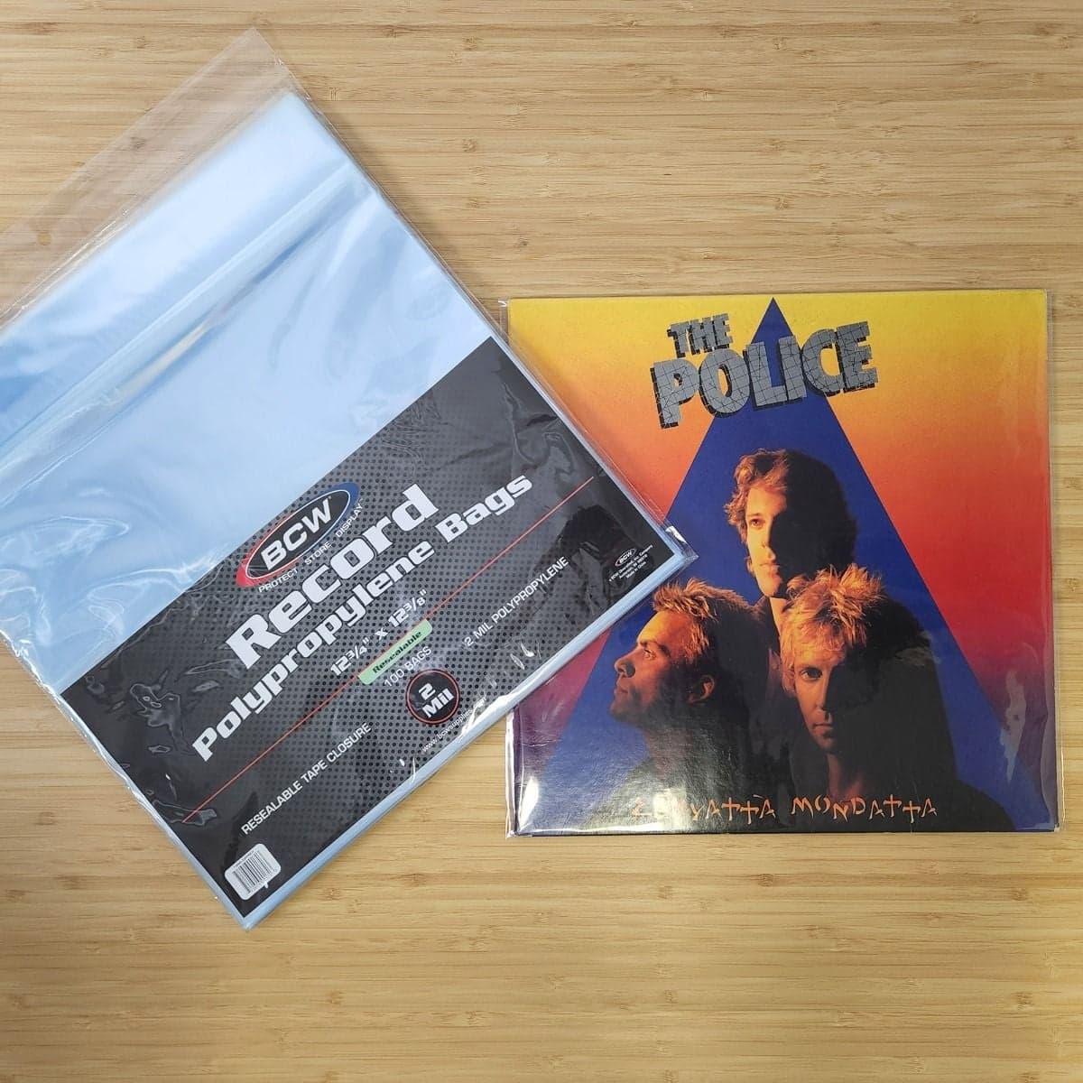 Package of BCW Resealable 33 RPM Record Bags on top of record in bag