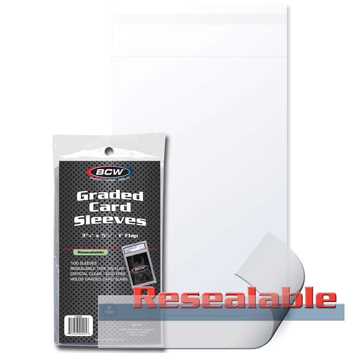 BCW Resealable Graded Card Sleeves packaging grouped with single sleeve. Resealable logo over image