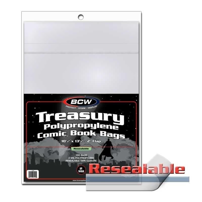 Resealable logo over package of BCW Resealable Treasury Comic Book Bags