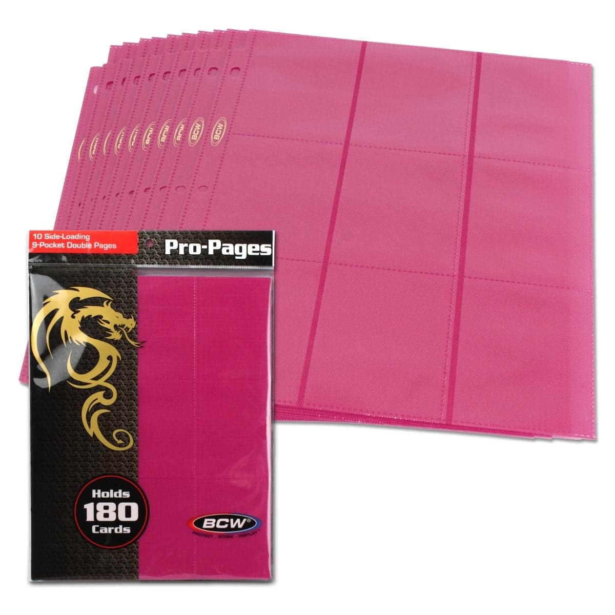Pack of BCW pink 18-pocket pages over spread of several pages