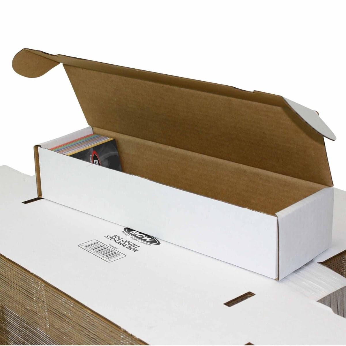 BCW 800 count box partially filled with cards over bundle of cards
