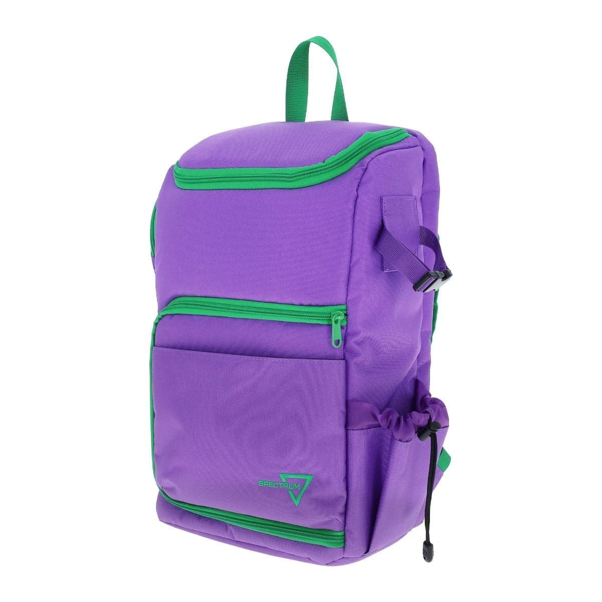 Purple Spectrum TCG Backpack, featuring a zippered main compartment and top compartment, a front pocket, a side playmat holder with a drawstring closure, and the Spectrum logo in black at the bottom corner