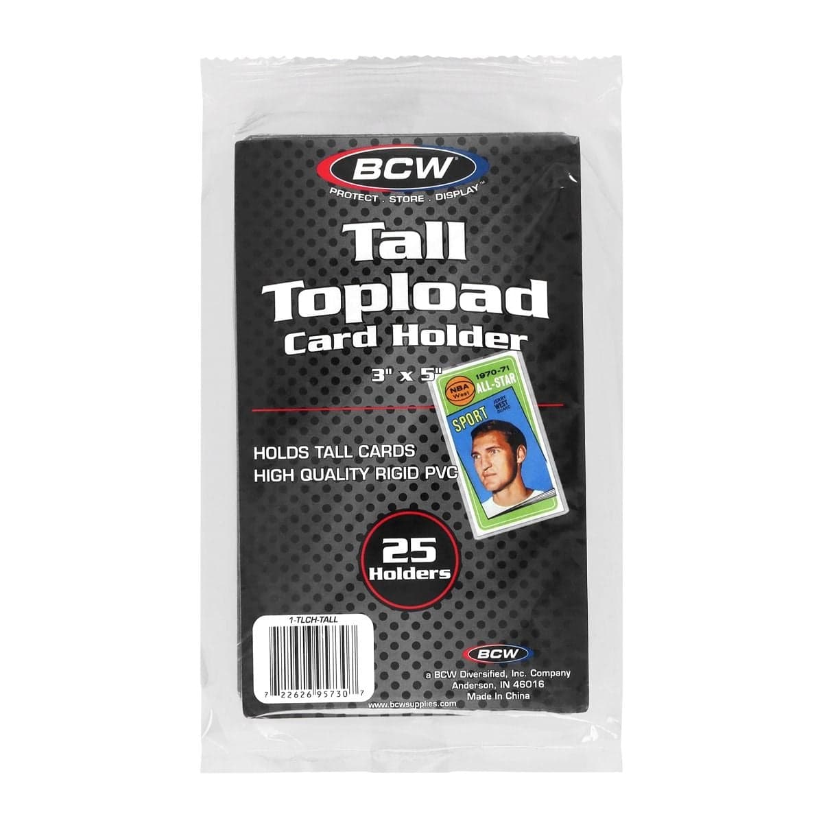 Packaging for BCW Tall Topload Card Holders featuring 3" x 5" rigid PVC holders designed for tall cards, with 25 holders per pack.