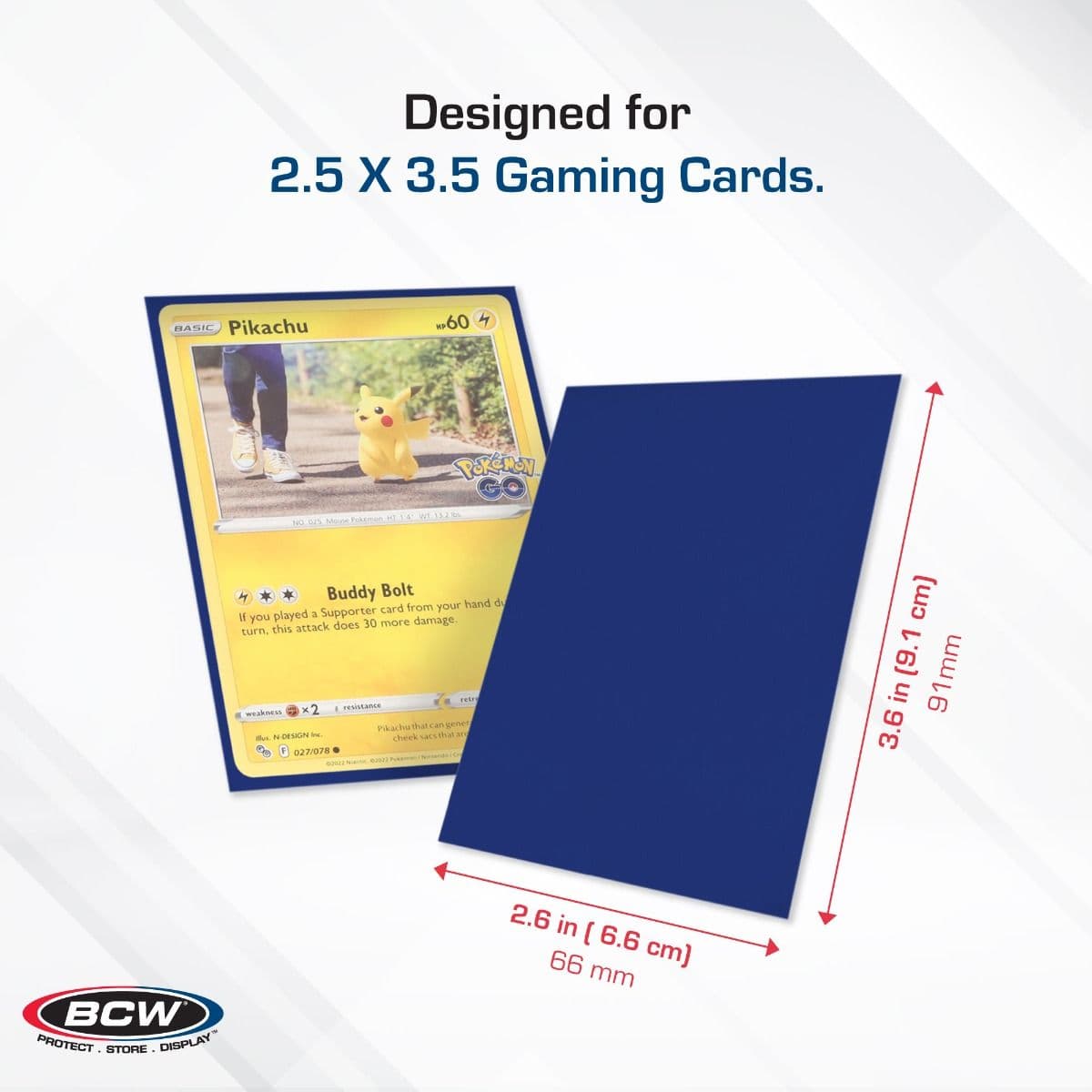 BCW Deck Guard - Double Matte - Blue infographic, specs and measurements, Designed for 2 1/2" x 3 1/2" Gaming Cards.
