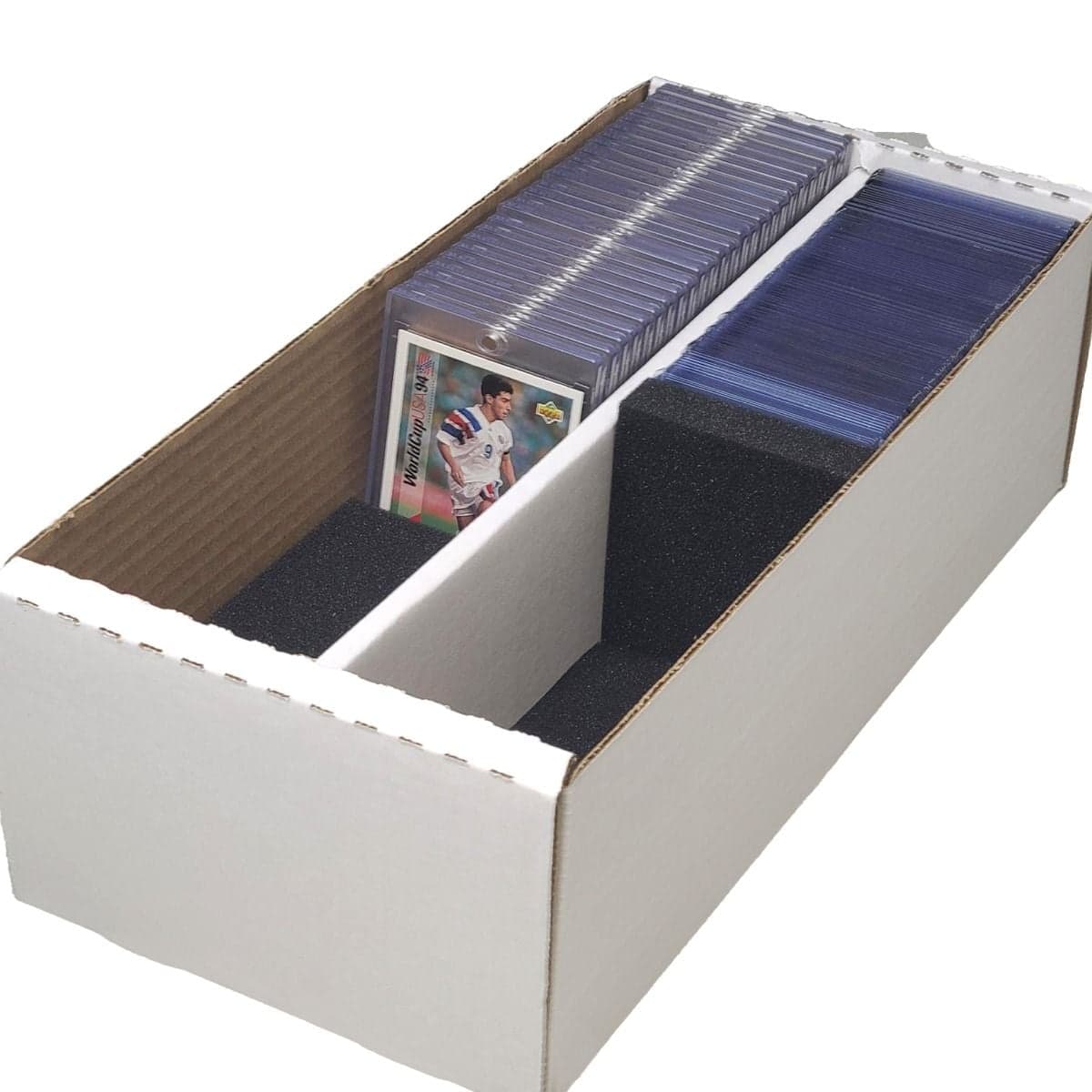 BCW 2-row shoe storage box with monster pads supporting cards in various holders