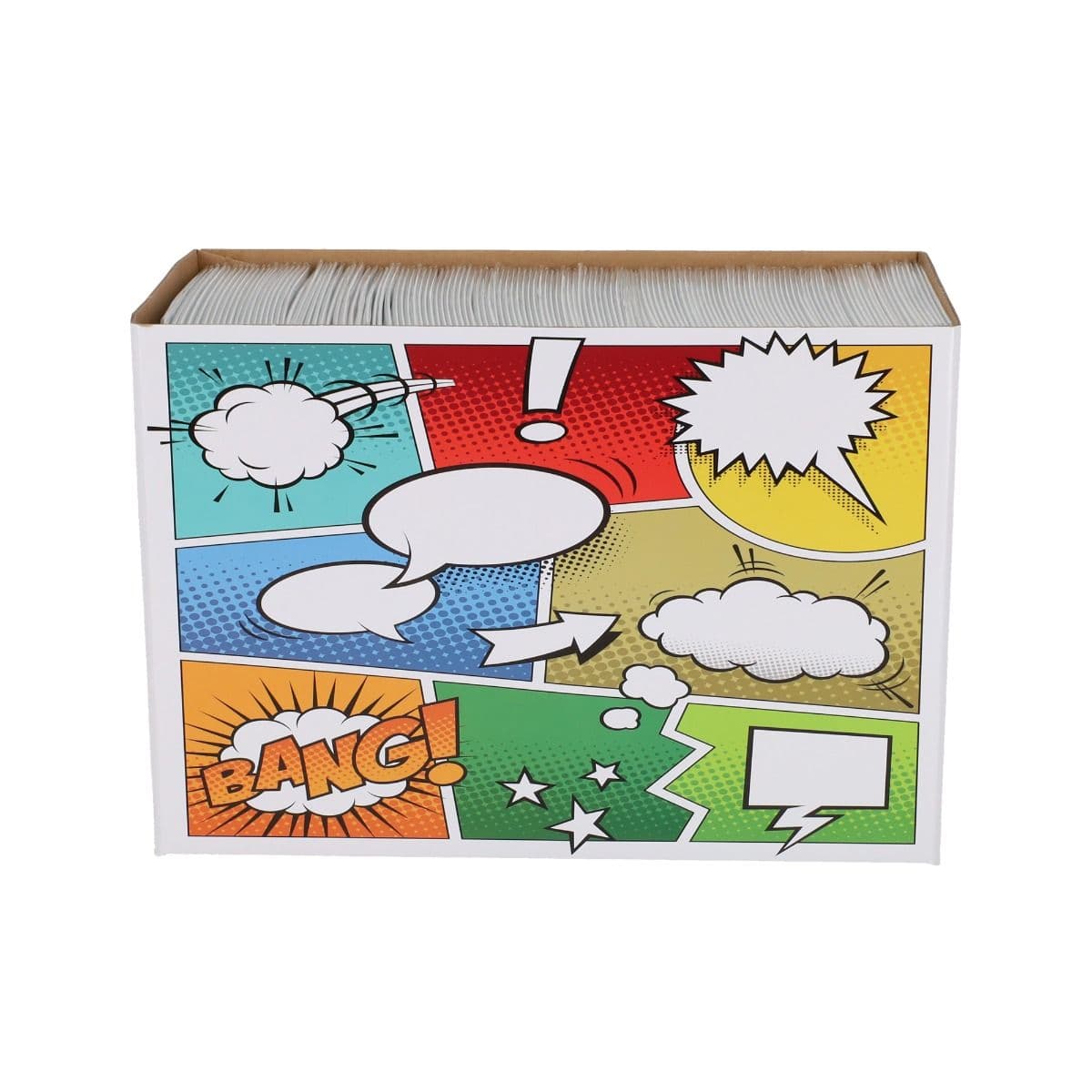 BCW short comic bow with comic-themed artwork. Side view filled with bag and boarded comic books without lid
