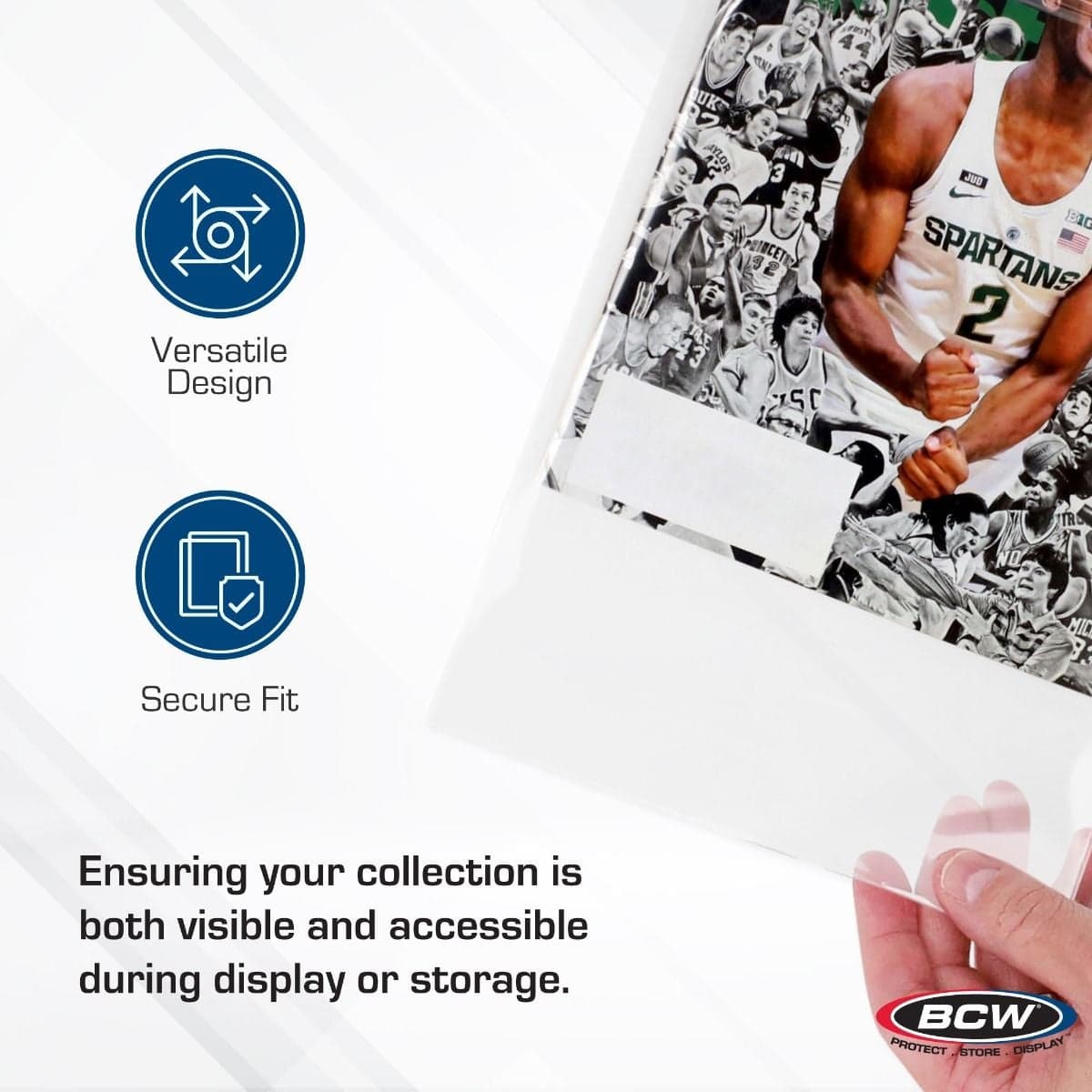 Infographic: BCW resealable magazine polypropylene bags feature a versatile design with a secure fit that keeps collectibles visible, accessible, and protected during display or storage.