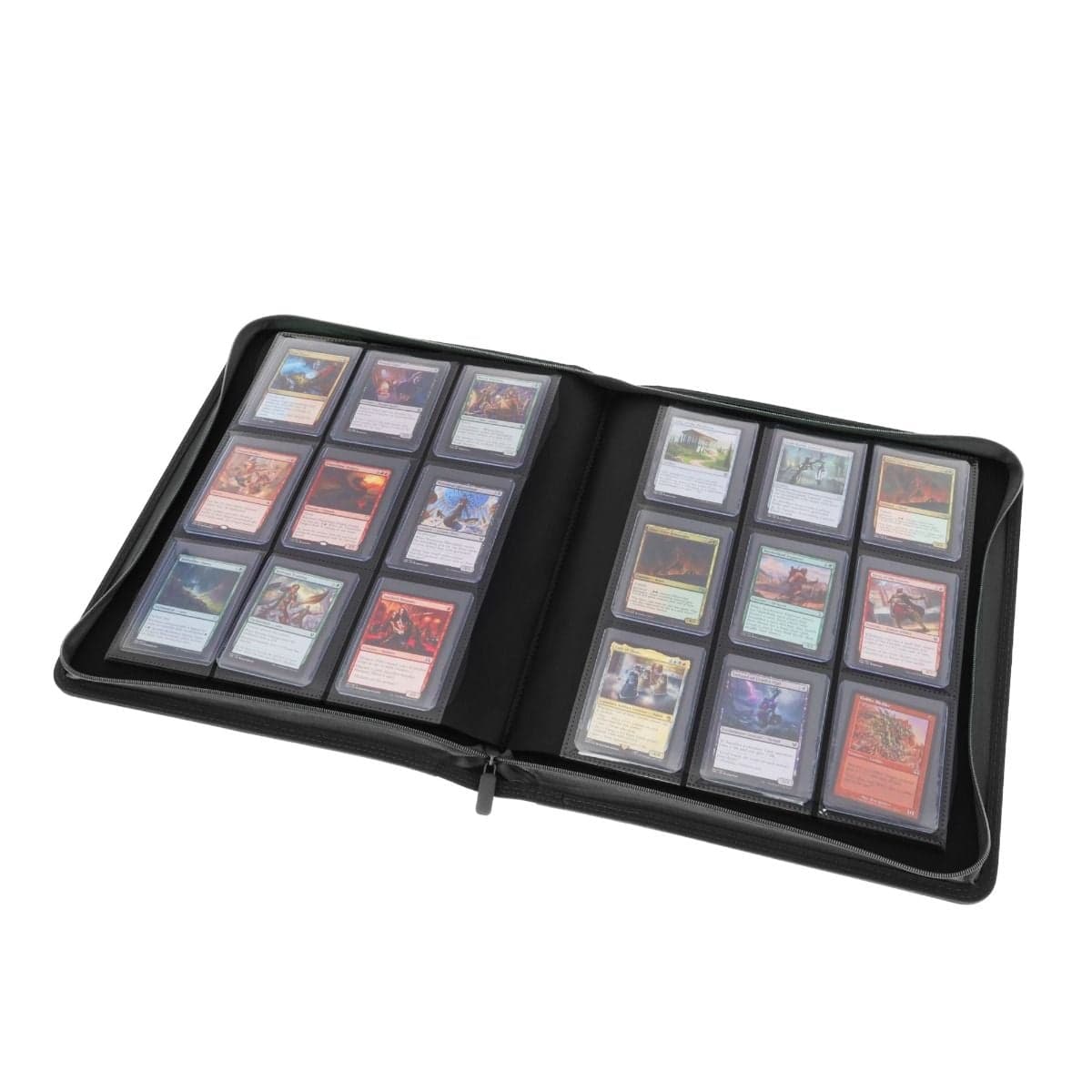 BCW Z-Folio 9-Pocket LX Album - Toploaders - Black opened, angled, full of magic cards in toploaders