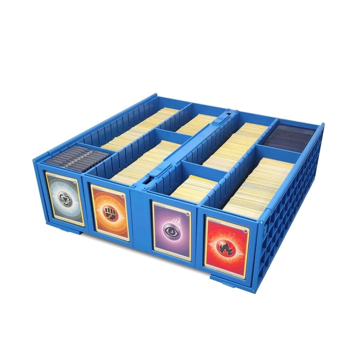 BCW Collectible Card Bin 3,200 ct. Blue open and filled with pokemon cards, toploaders, and magnetics