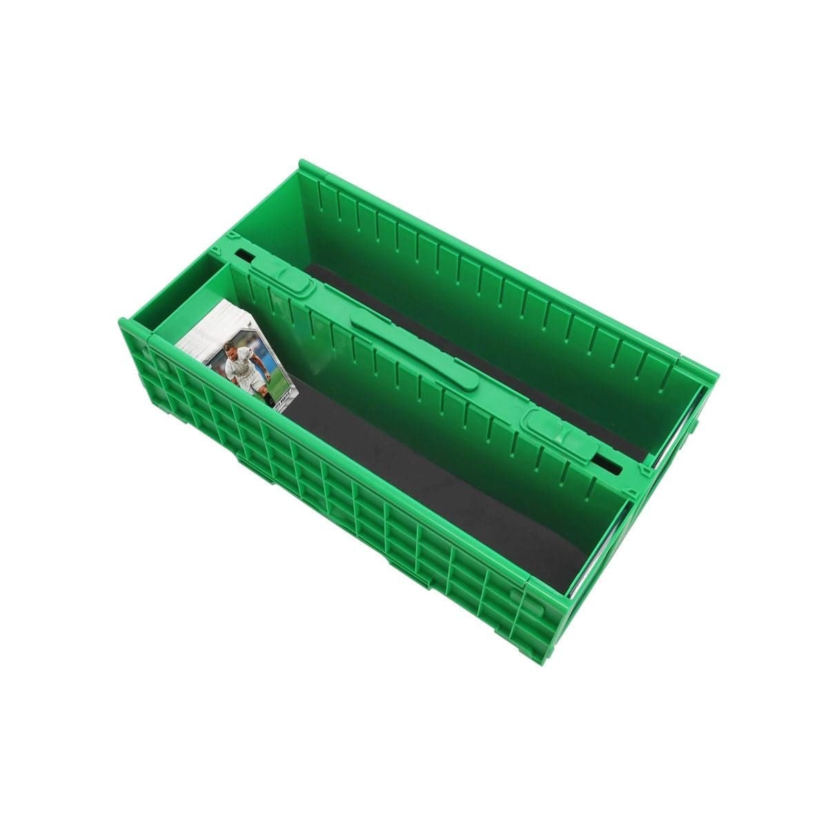 BCW Slip Guard Strip applied to the bottom of the rows in a BCW 1600 Count Collectible Card Bin with cards in the rows
