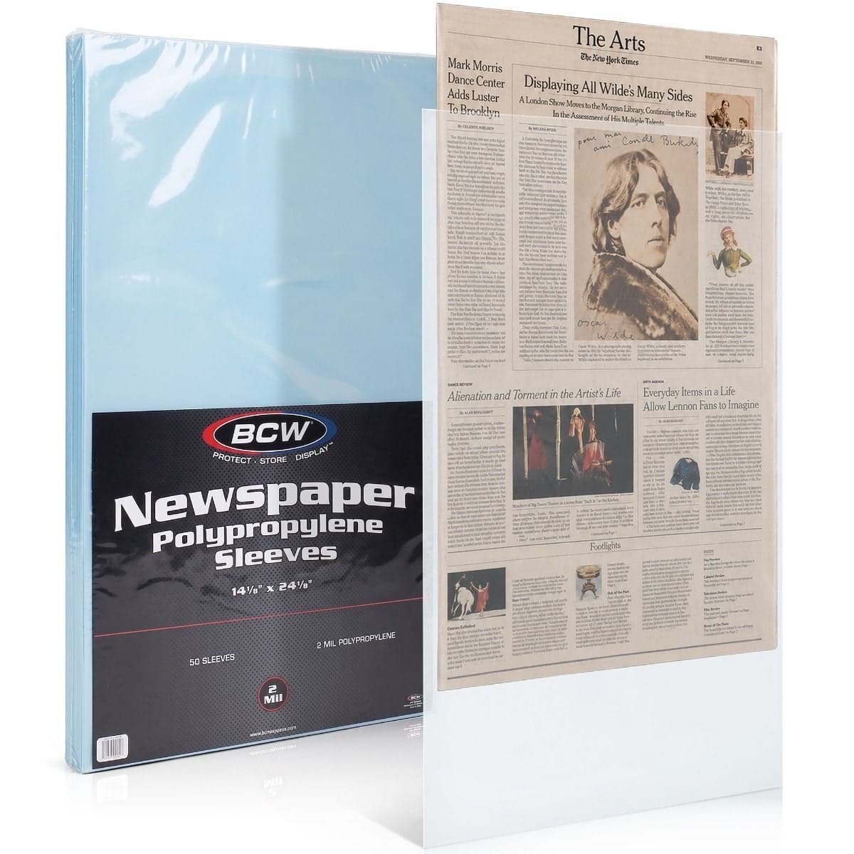 BCW 14 1/8 x 24 1/8 inch polypropylene newspaper sleeves shown with protective clear sleeves and a preserved newspaper for archiving and display.