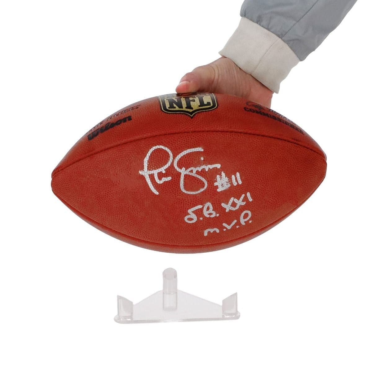 BCW Acrylic Ball Stand placing football on stand