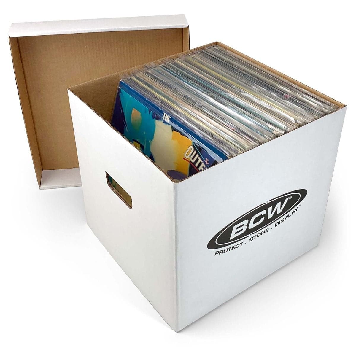 Open BCW 33 RPM Record Storage Box with several records inside
