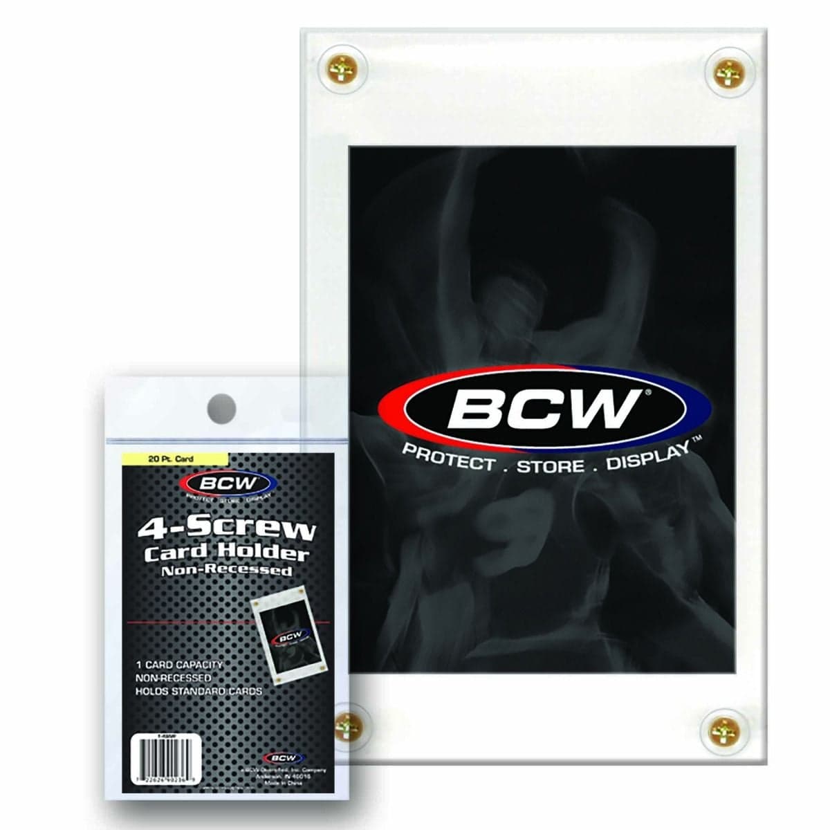 Packaged BCW 4-screw non-recessed card holder over card holder with card