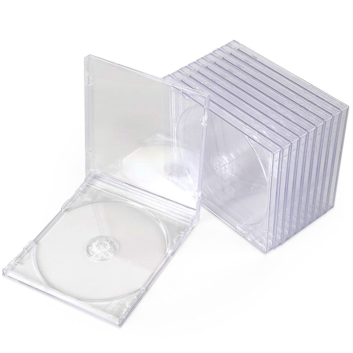 BCW CD Jewel Cases - Empty cases aligned, with one in the front fully opened and on display