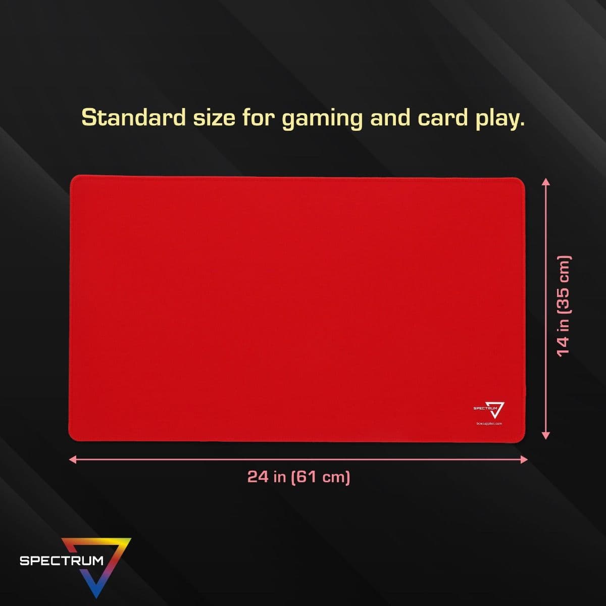 Infographic: Standard Size for gaming and card play, RED mat laid out with dimensions listed.