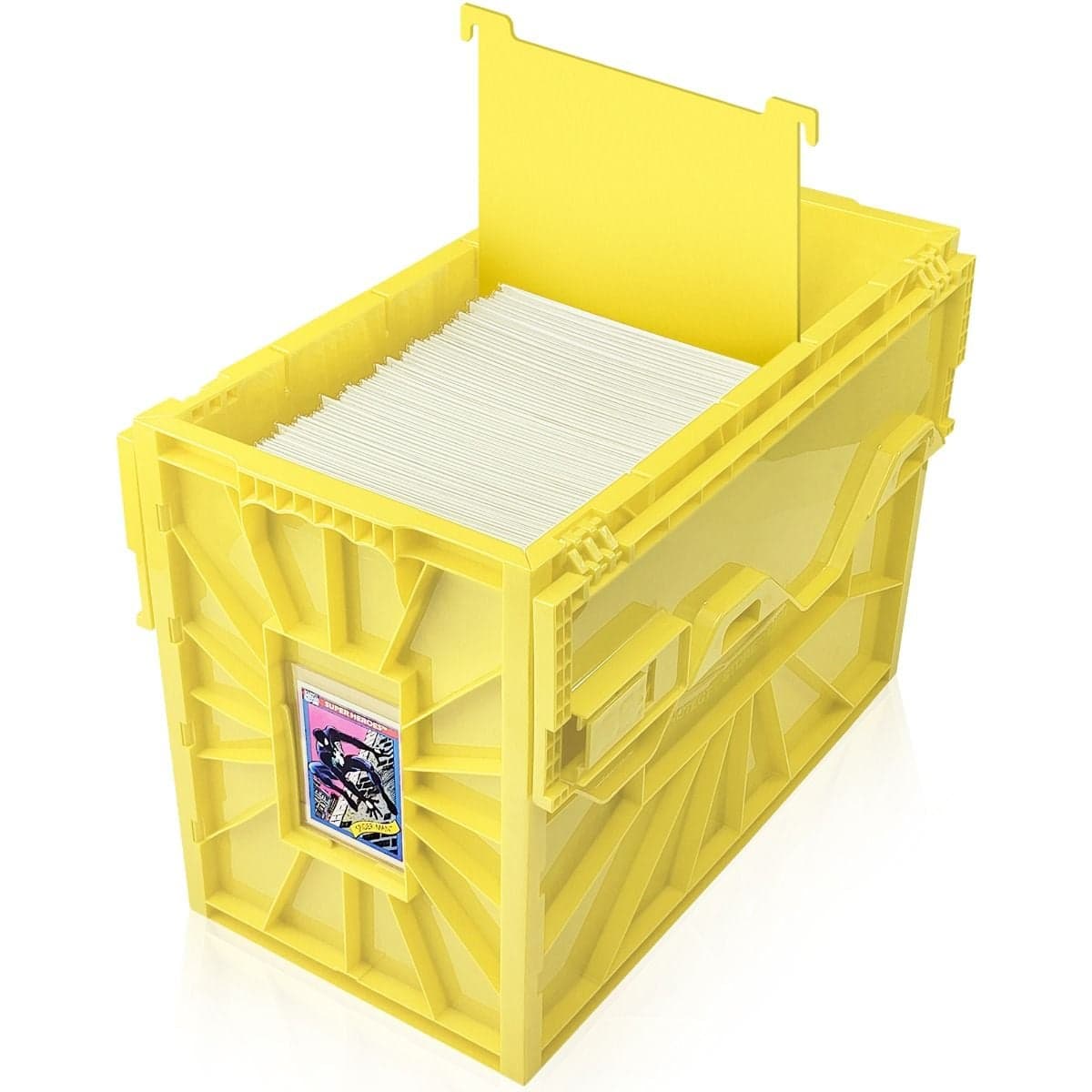 Open BCW Red comic book short bin with comics, lid up