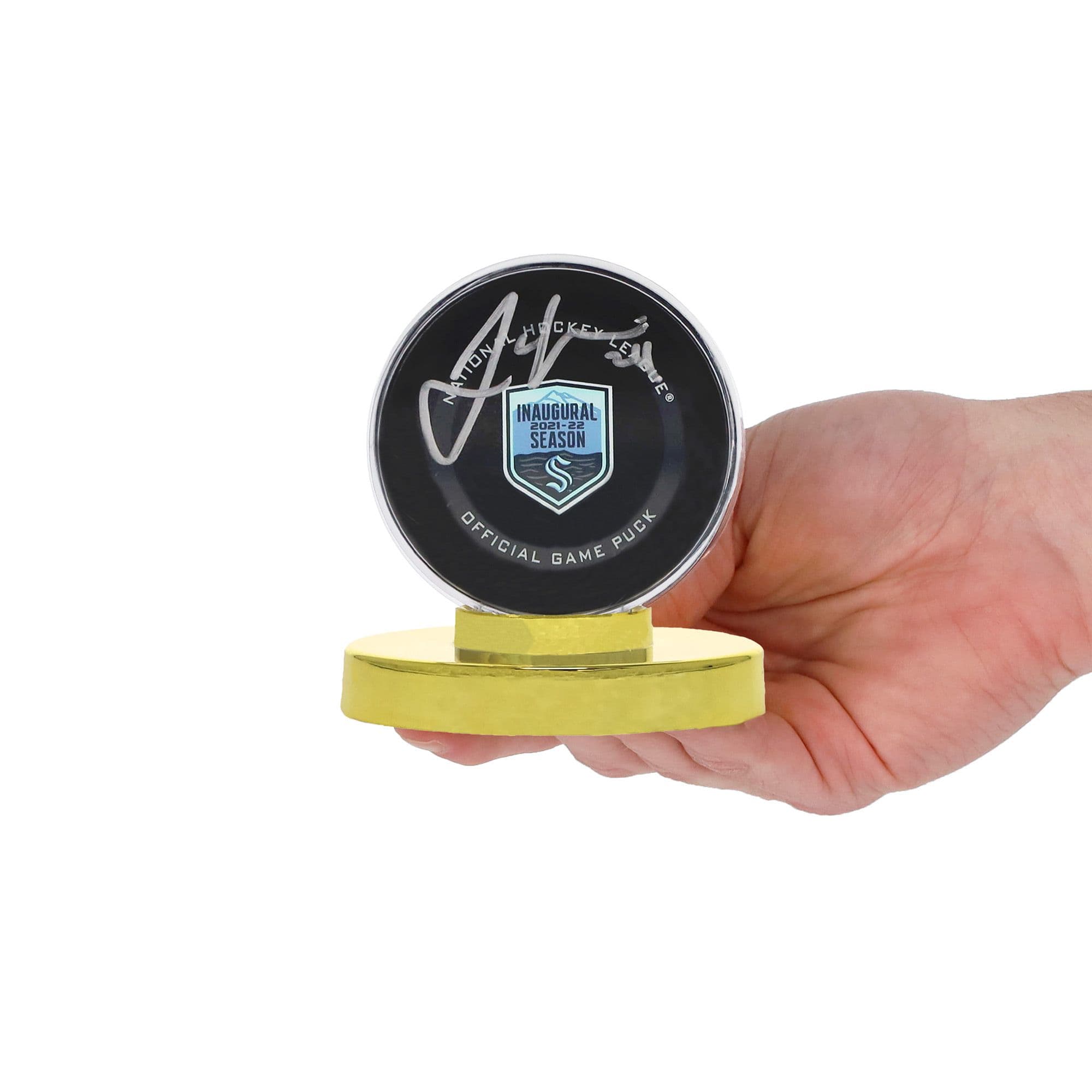 BCW Gold Base Puck Holder with puck inside hand model