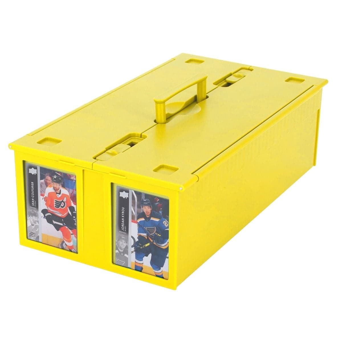 Collectible Card Bin - 1600 - Yellow, lid is closed and bin contains hockey cards