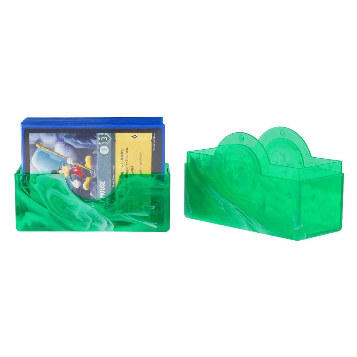 Spectrum Prism Deck Case - 50 CT - Jade Green, opened showcasing a Lorcana deck being stored.