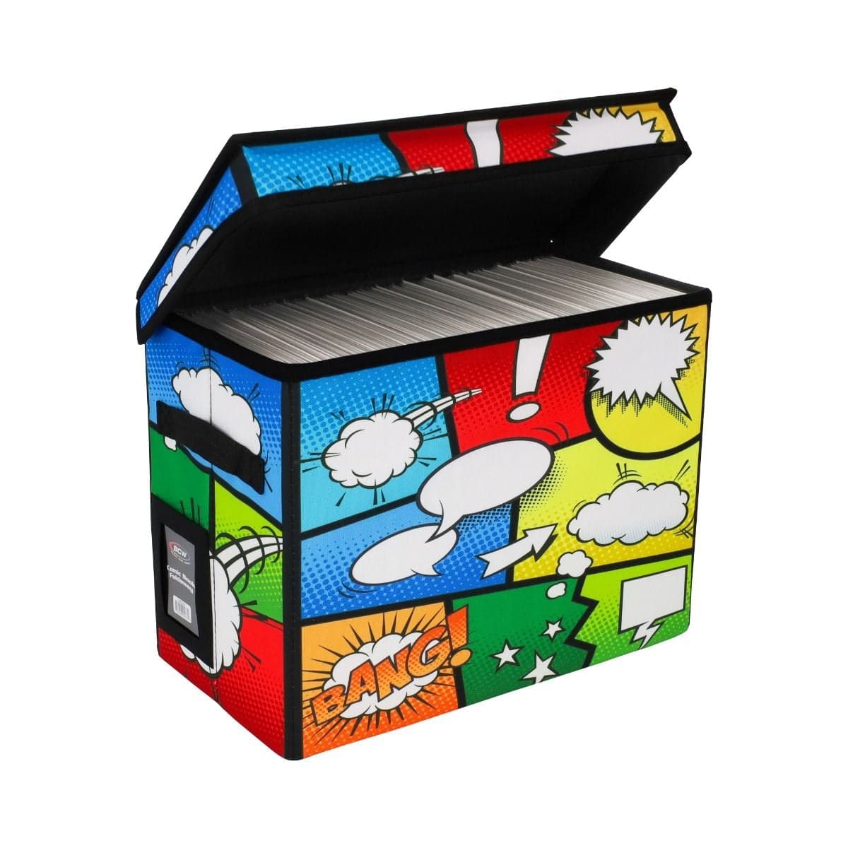 BCW Comic Book Foldaway. POW. Lid open with comics. Toploader pocket and carrying handles