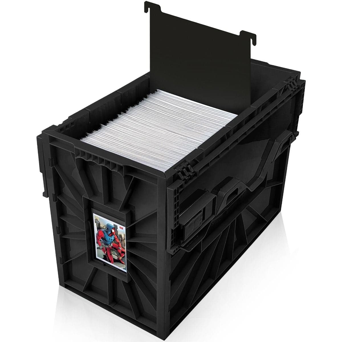 Open BCW comic book short bin with comics, lid up