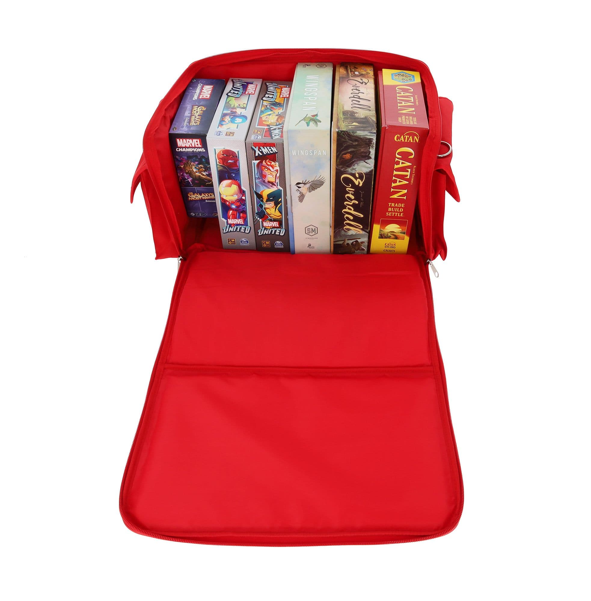 the BCW Board Game Bag in red, with the top fully unzipped and laid open, displaying its capacity to hold multiple board games. Inside the bag are several games neatly organized.