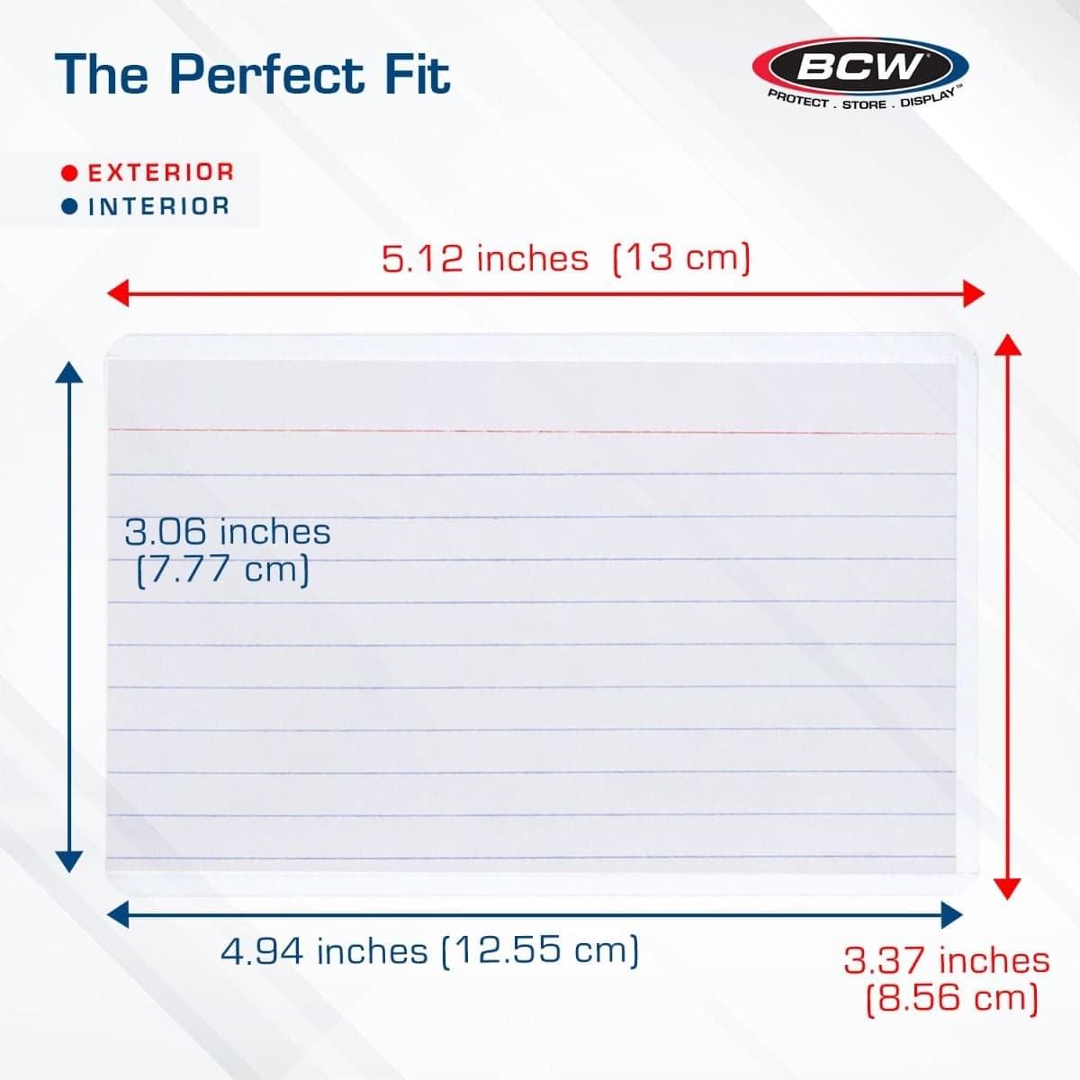 Infographic: BCW 3" x 5" toploader with a lined index card and labeled interior and exterior dimensions, showing a 4.94 x 3.06 inch interior and a 5.12 x 3.37 inch exterior for a precise fit.